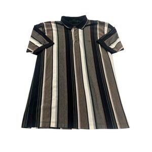 Knights of Round Table Mens L Striped Polo Shirt Black Gray White Vintage Y2K